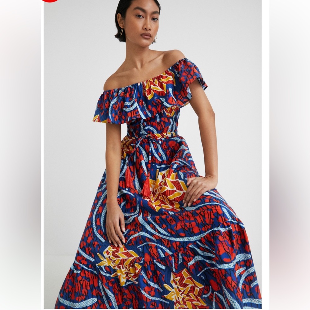 Desigual Off-Shoulder Midi Dress in Blue, Red, Yellow